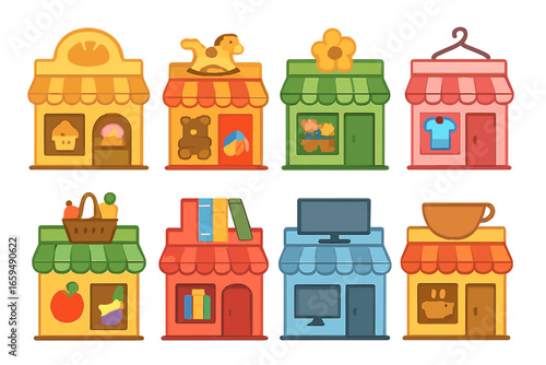Colorful Storefronts Grid. Flat vector mini-illustrations shop storefronts in colors children's illustrations: bakery shop, toy