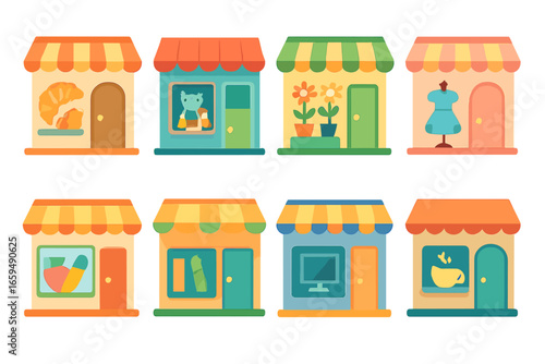 Colorful Storefronts Grid. Flat vector mini-illustrations shop storefronts in colors children's illustrations: bakery shop, toy
