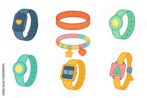 Colorful Wristband Collection. Flat vector mini-illustrations wrist bands in colors children's illustrations: fitness tracker,