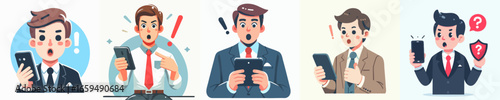 Cartoon Style Illustration of Surprised Businessman Reactions While Using Mobile Gadget