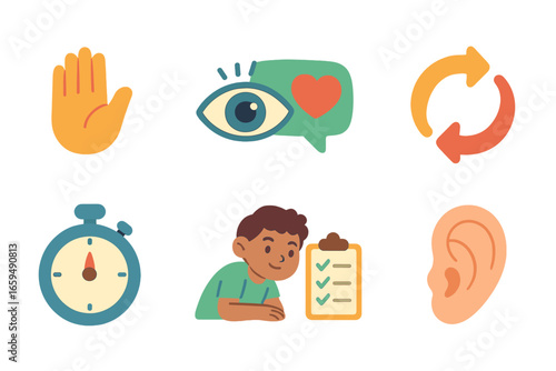 Active Listening Icons. Flat vector mini-illustrations active listening techniques in colors children's illustrations: open hand