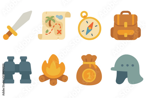 Adventure and Survival Icons. Flat vector mini-illustrations Adventure games in colors children's illustrations: sword, treasure