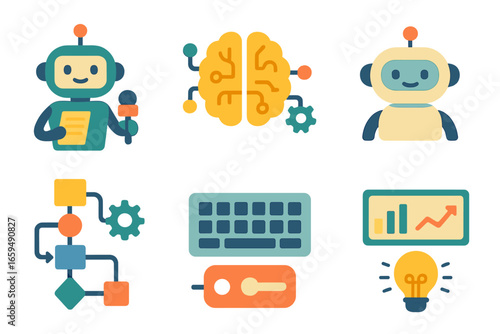 AI Newsroom Icons. Flat vector mini-illustrations AI in newsrooms in colors children’s illustrations: robot reporter, AI brain,
