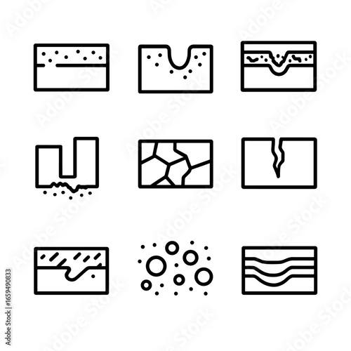 Corrosion Types Icons. Outline icon set of corrosion types: uniform corrosion, pitting corrosion, crevice corrosion, galvanic