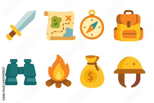 Adventure and Survival Icons. Flat vector mini-illustrations Adventure games in colors children's illustrations: sword, treasure
