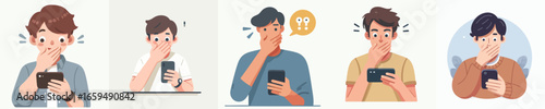 Cartoonish Concerned Young Man Holding Smartphone With Surprised Expression Illustration