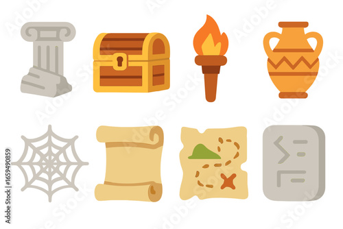 Ancient Treasure Icons. Flat vector mini-illustrations Ancient ruins exploration in colors children's illustrations: broken column
