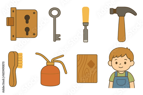 Antique Lock Restoration. Flat vector mini-illustrations antique mortise lock restoration in colors children's illustrations: