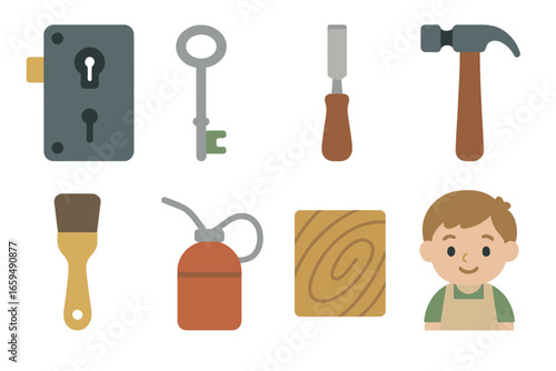 Antique Lock Restoration. Flat vector mini-illustrations antique mortise lock restoration in colors children's illustrations: