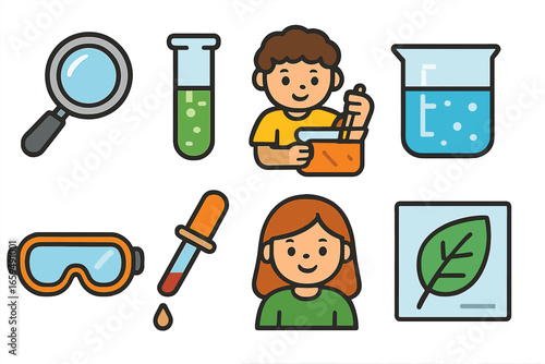 Backyard Science Fun. Flat vector mini-illustrations backyard science experiments in colors children's illustrations: magnifying