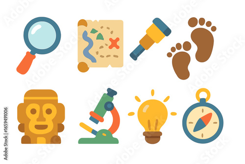 Children's Exploration Icons. Flat vector mini-illustrations discovery in colors children's illustrations: magnifying glass,
