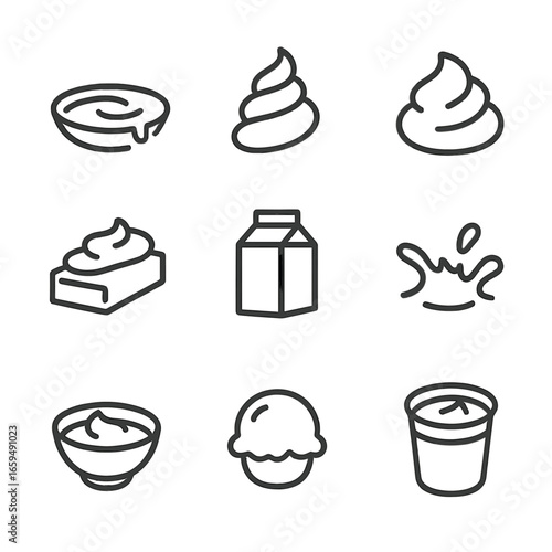 Creamy Textures Icon Set. Outline icon set of creamy textures and food: creamy sauce, cream swirl, whipped cream, cream cheese,