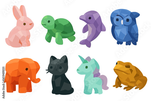 Crystal Animal Icons. Flat vector mini-illustrations semi-precious stones in colors children's illustrations: turquoise, jade,