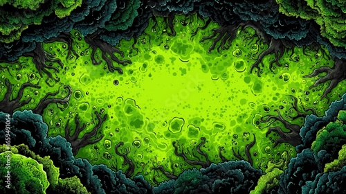 Gritty illustration of dark forest framing bubbling toxic green swamp, spooky nature background