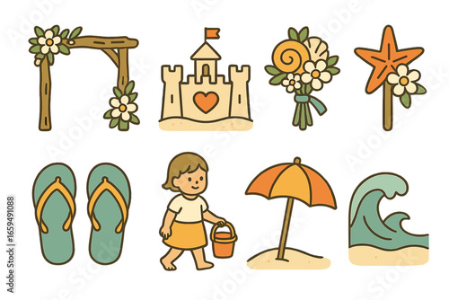 Beachside Wedding Icons. Flat vector mini-illustrations beachside June wedding in colors children's illustrations: driftwood arch,