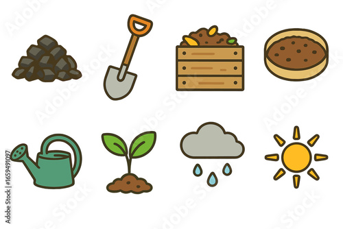 Biochar and Soil Icons. Flat vector mini-illustrations Biochar and soil amendment in colors children's illustrations: biochar pile