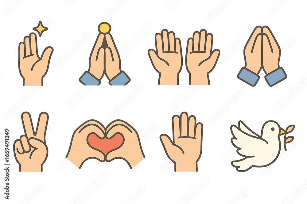 Fototapeta premium Divine Hand Gestures. Flat vector mini-illustrations divine gestures in colors children's illustrations: blessing hand, praying