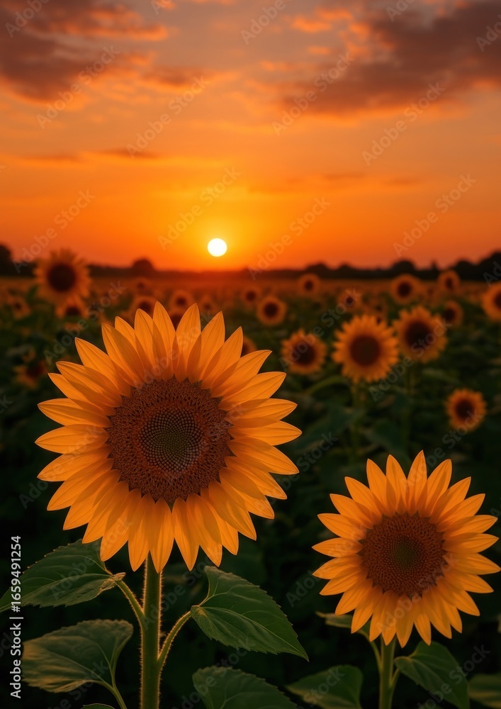 Obraz premium Sunflowers glowing under sunset.