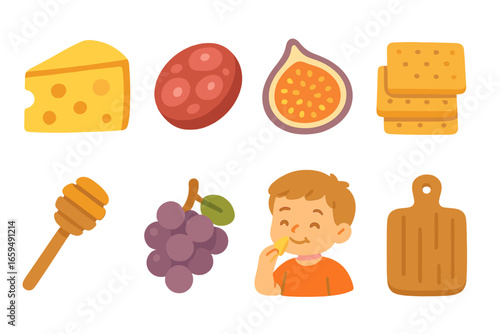 Cheese and Charcuterie Icons. Flat vector mini-illustrations artisanal cheese and charcuterie in colors children's illustrations: