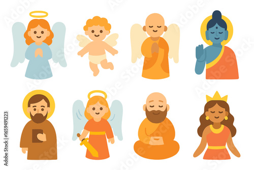 Divine Beings Icons. Flat vector mini-illustrations divine beings in colors children's illustrations: angel, cherub, guardian