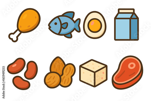 Dietary Protein Icons. Flat vector mini-illustrations dietary proteins in colors children's illustrations: chicken leg, fish, egg,