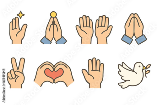 Divine Hand Gestures. Flat vector mini-illustrations divine gestures in colors children's illustrations: blessing hand, praying