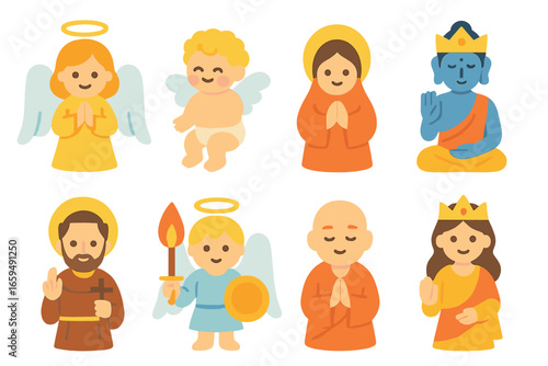 Divine Beings Icons. Flat vector mini-illustrations divine beings in colors children's illustrations: angel, cherub, guardian