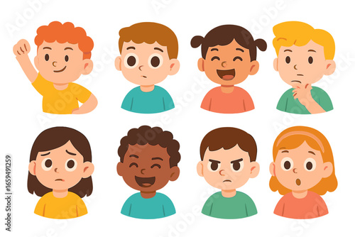 Children's Expressive Faces. Flat vector mini-illustrations quest emotions in colors children's illustrations: brave child,