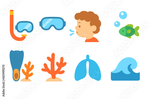 Child's Breathing Illustrations. Flat vector mini-illustrations carbon dioxide removal in colors children's illustrations: CO₂