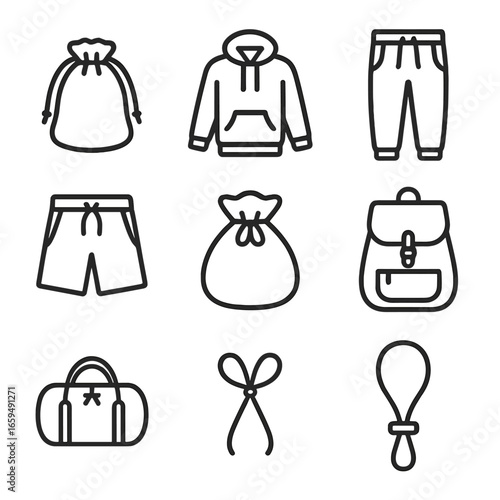 Drawstring Icon Set. Outline icon set of drawstring items: drawstring bag, hoodie with drawstring, sweatpants, shorts with