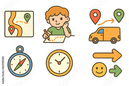 Child's Delivery Adventure. Flat vector mini-illustrations optimized delivery routing in colors children's illustrations: route