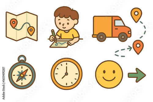 Child's Delivery Adventure. Flat vector mini-illustrations optimized delivery routing in colors children's illustrations: route