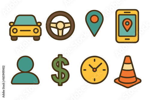 Child's Ride-Share Icons. Flat vector mini-illustrations Ride sharing drivers in colors children's illustrations: car icon,