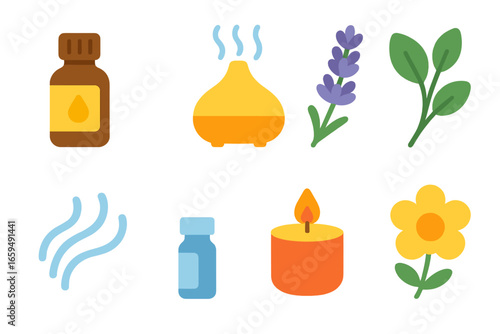 Children's Aromatherapy Icons. Flat vector mini-illustrations Aromatherapy in colors children's illustrations: essential oil