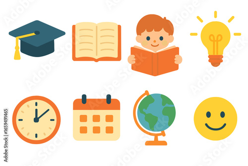 Childhood Curiosity Icons. Flat vector mini-illustrations lifelong learning and curiosity in colors children's illustrations:
