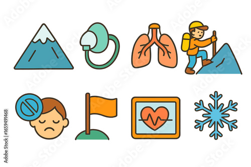 Children's Breathing Adventures. Flat vector mini-illustrations high altitude breathing adaptation in colors children's