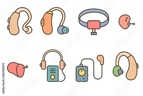 Children's Hearing Aid Icons. Flat vector mini-illustrations hearing aid types in colors children's illustrations: digital hearing