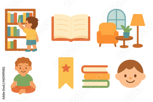 Children's Book Adventure. Flat vector mini-illustrations library visit in colors children's illustrations: child browsing book