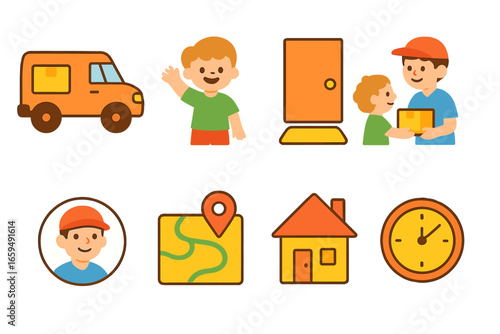 Children's Delivery Scene. Flat vector mini-illustrations last mile delivery in colors children's illustrations: delivery van,