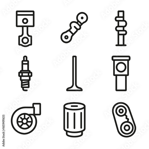 Engine Components Icons. Outline icon set of engine components: piston, crankshaft, camshaft, spark plug, valve, cylinder,