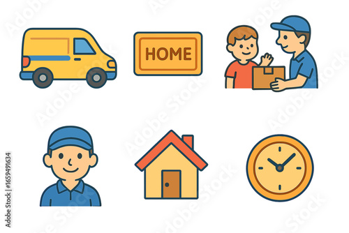 Children's Delivery Scene. Flat vector mini-illustrations last mile delivery in colors children's illustrations: delivery van,