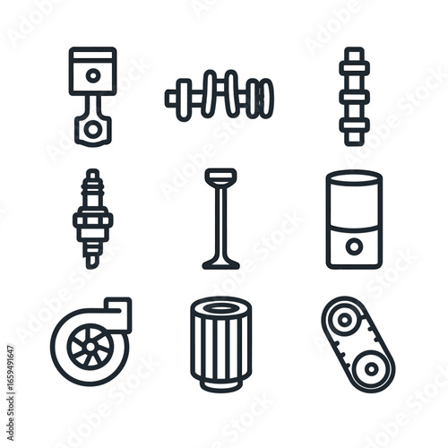 Engine Components Icons. Outline icon set of engine components: piston, crankshaft, camshaft, spark plug, valve, cylinder,