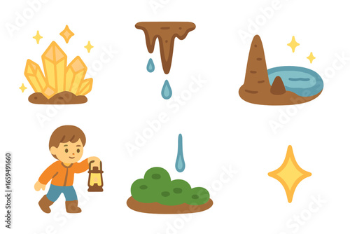 Children's Crystal Cavern. Flat vector mini-illustrations crystal cave interior in colors children's illustrations: glowing quartz