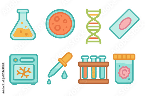 Children's Lab Icons. Flat vector mini-illustrations flask biological lab in colors children's illustrations: culture flask, petri