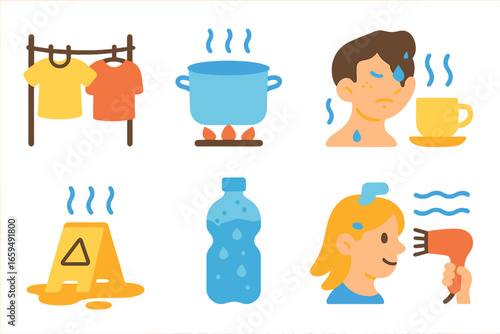 Evaporation Illustrated for Kids. Flat vector mini-illustrations evaporation in daily life in colors children's illustrations: