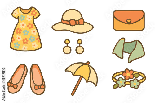 Children's Garden Party Outfits. Flat vector mini-illustrations garden party outfits in colors children's illustrations: midi
