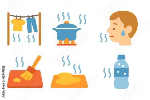 Evaporation Illustrated for Kids. Flat vector mini-illustrations evaporation in daily life in colors children's illustrations: