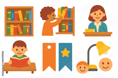 Children's Library Icons. Flat vector mini-illustrations library bestsellers in colors children's illustrations: library shelf,