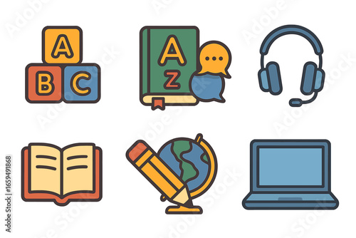 Children's Learning Icons. Flat vector mini-illustrations language learning in colors children's illustrations: alphabet blocks,