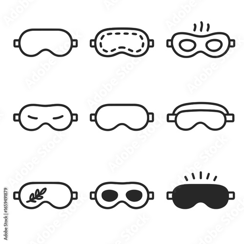 Eye Mask Icons. Outline icon set of eye masks: silk eye mask, padded eye mask, cooling gel eye mask, heated eye mask, contoured